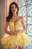 Strapless Ruffled A Line Yellow Homecoming Dress