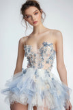 White Blue Floral Spaghetti Straps A Line Homecoming Dress