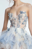 White Blue Floral Spaghetti Straps A Line Homecoming Dress