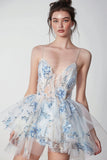 White Blue Floral Spaghetti Straps A Line Homecoming Dress