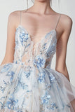White Blue Floral Spaghetti Straps A Line Homecoming Dress