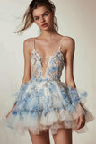 White Blue Floral Ruffled Spaghetti Straps Homecoming Dress