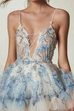 White Blue Floral Ruffled Spaghetti Straps Homecoming Dress