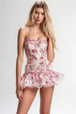 Strapless Pink Floral Mini Homecoming Dress with Ruffles