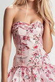 Strapless Pink Floral Mini Homecoming Dress with Ruffles