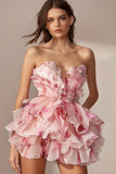 Pink Floral Ruffled Strapless A Line Homecoming Dress