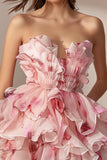 Pink Floral Ruffled Strapless A Line Homecoming Dress