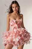 Ruffled Strapless A Line Pink Floral Homecoming Dress