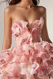 Ruffled Strapless A Line Pink Floral Homecoming Dress