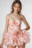 Floral Pink Strapless Homecoming with Ruffles