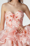 Floral Pink Strapless Homecoming with Ruffles