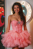 Hot Pink Strapless Ruffled A Line Short Homecoming Dress with Beading