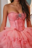 Hot Pink Strapless Ruffled A Line Short Homecoming Dress with Beading