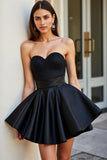 Strapless Satin A Line Black Homecoming Dress with Beading