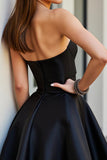 Strapless Satin A Line Black Homecoming Dress with Beading