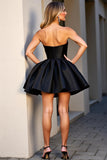 Short Satin A Line Strapless Black Homecoming Dress with Beading