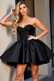 Short Satin A Line Strapless Black Homecoming Dress with Beading