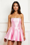 Pink Short Satin A Line Strapless Homecoming Dress