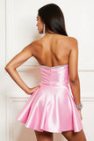 Pink Short Satin A Line Strapless Homecoming Dress