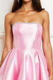 Pink Short Satin A Line Strapless Homecoming Dress