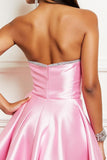 Pink Short Satin A Line Strapless Homecoming Dress