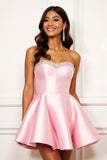 Pink A Line Short Satin Homecoming Dress with Rhinestone