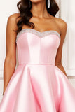 Pink A Line Short Satin Homecoming Dress with Rhinestone