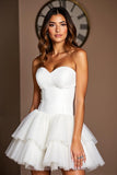 Strapless Tiered Organza A Line White Homecoming Dress with Ruffles