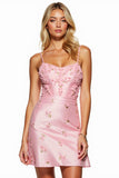 Floral Spaghetti Straps Short Pink Homecoming Dress with Appliques