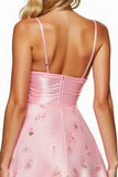 Floral Spaghetti Straps Short Pink Homecoming Dress with Appliques