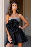 Black Satin A Line Strapless Short Homecoming Dress with 3D Flower