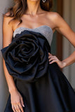 Black Satin A Line Strapless Short Homecoming Dress with 3D Flower