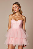 Pink Organza A Line Strapless Short Homecoming Dress with Ruffles