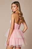 Pink Organza A Line Strapless Short Homecoming Dress with Ruffles