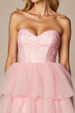 Pink Organza A Line Strapless Short Homecoming Dress with Ruffles
