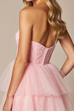 Pink Organza A Line Strapless Short Homecoming Dress with Ruffles