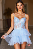 Short Organza A Line Spaghetti Straps Blue Homecoming Dress with Appliques