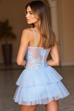 Short Organza A Line Spaghetti Straps Blue Homecoming Dress with Appliques