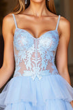 Short Organza A Line Spaghetti Straps Blue Homecoming Dress with Appliques