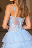 Short Organza A Line Spaghetti Straps Blue Homecoming Dress with Appliques
