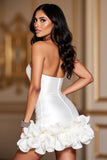 Bodycon Short Stretch Satin White Homecoming Dress with 3D Flower