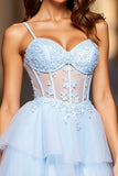 Light Blue Corset A Line Spaghetti Straps Short Homecoming Dress with Appliques