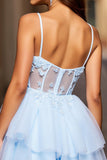 Light Blue Corset A Line Spaghetti Straps Short Homecoming Dress with Appliques