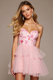 Pink Flower Tulle A Line Strapless Short Homecoming Dress with Ruffles