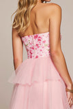 Pink Flower Tulle A Line Strapless Short Homecoming Dress with Ruffles