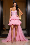 Pink Chiffon A Line Strapless Court Train Homecoming Dress with Ruffles