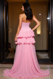 Pink Chiffon A Line Strapless Court Train Homecoming Dress with Ruffles