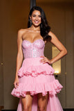 Pink Chiffon A Line Strapless Court Train Homecoming Dress with Ruffles