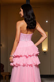Pink Chiffon A Line Strapless Court Train Homecoming Dress with Ruffles