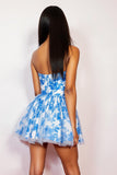 White Blue Flower Satin A Line Strapless Short Homecoming Dress
